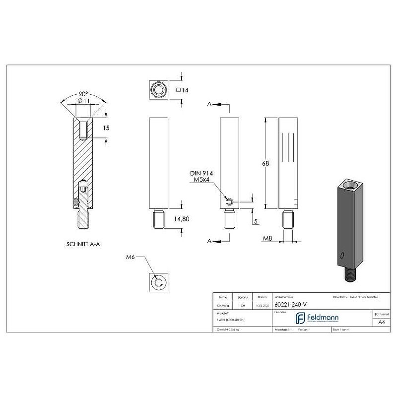 Pin made of 14x14mm, L: 68mm, AISI304