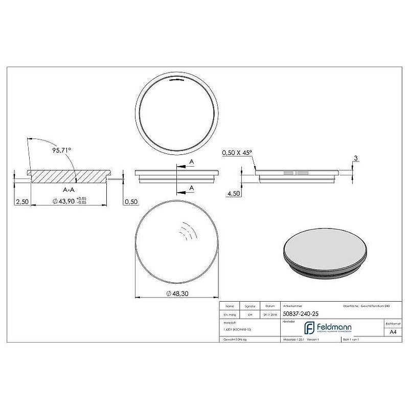 Rohrabschlussstopfen, für Rohr 48,3x2,5mm, V2A