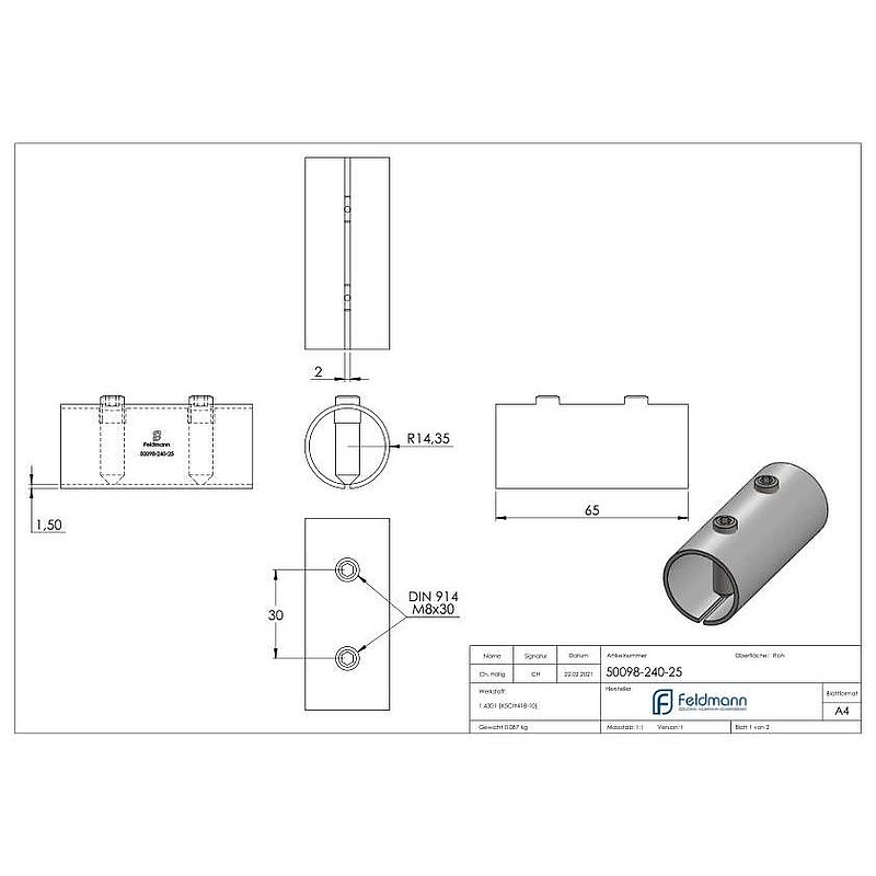 Verbindungshülse für Rohr 33,7x2,5mm, V2A