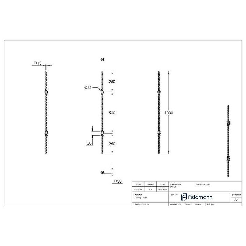 Knubbelstab 13x13mm, gehämmert, H: 1000mm