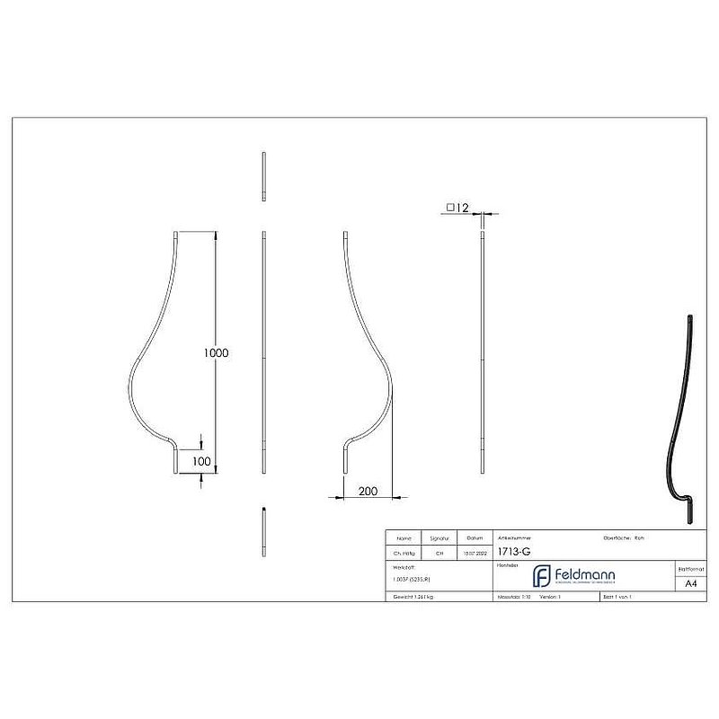Korbgitterstab 12x12mm, glatt, H: 1000mm