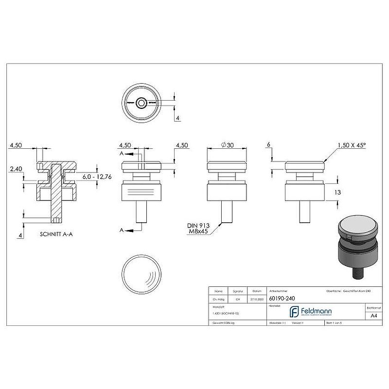 Point de fixation 30mm, jonction: droite, V2A