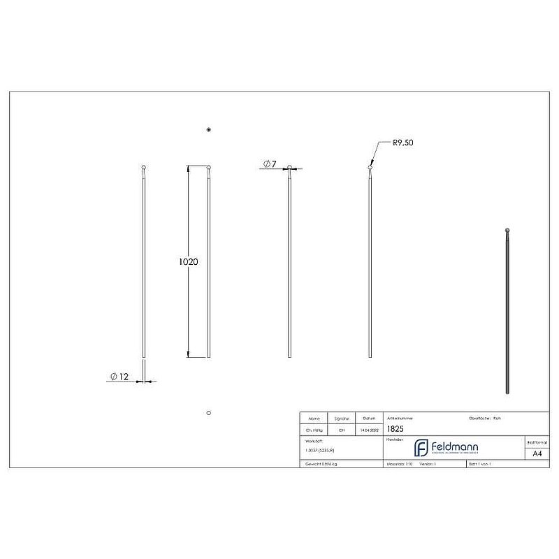 Zaunstab Ø 12mm, H: 1020mm, Kugel 19mm