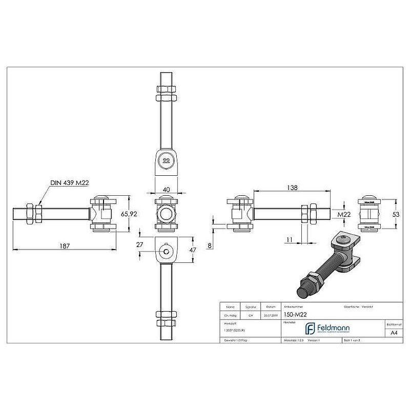 Door hinge M22, galvanised