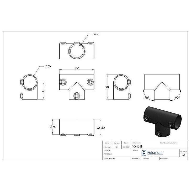 Raccord en T égal, pour tube Ø 48,3mm