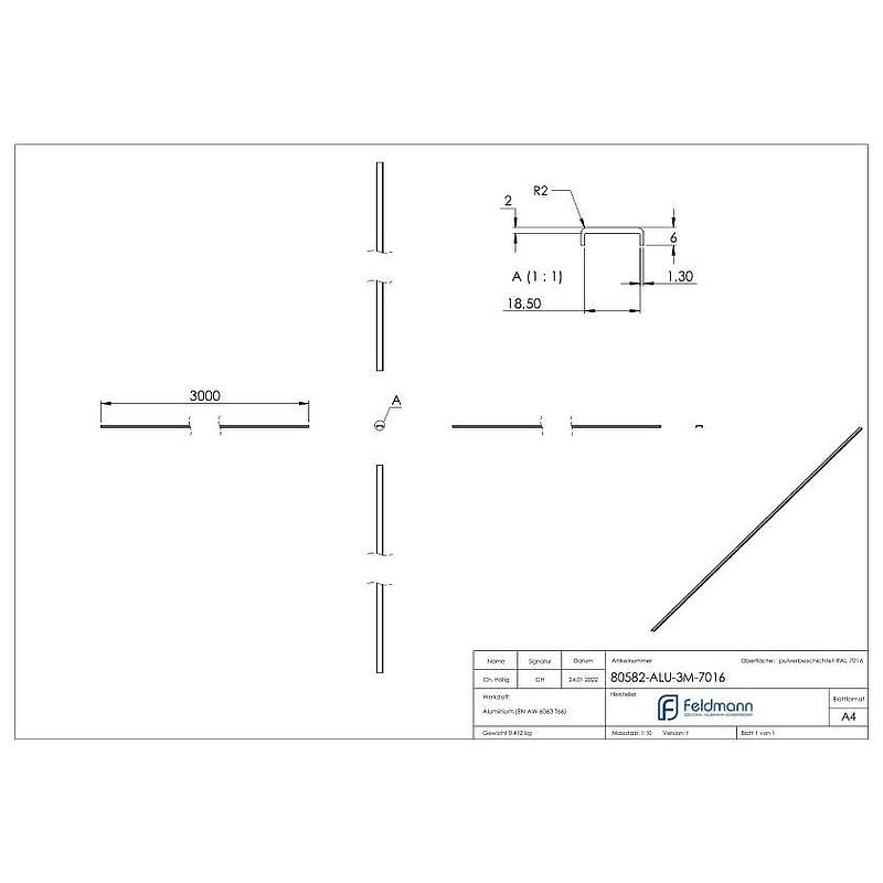 Edge protection EXTRA SLIM, for glass 16.00 - 17.52mm, L: 3000mm, aluminium RAL 7016