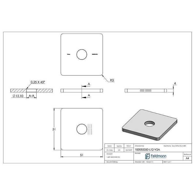 Embout encastrable pour tube carré 50x50 avec perçage Ø 12,1mm, V2A