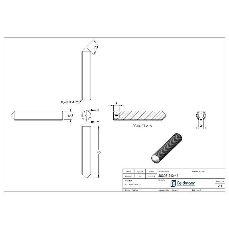 Gewindestift M8x45, V2A, DIN 914 / ISO 4027