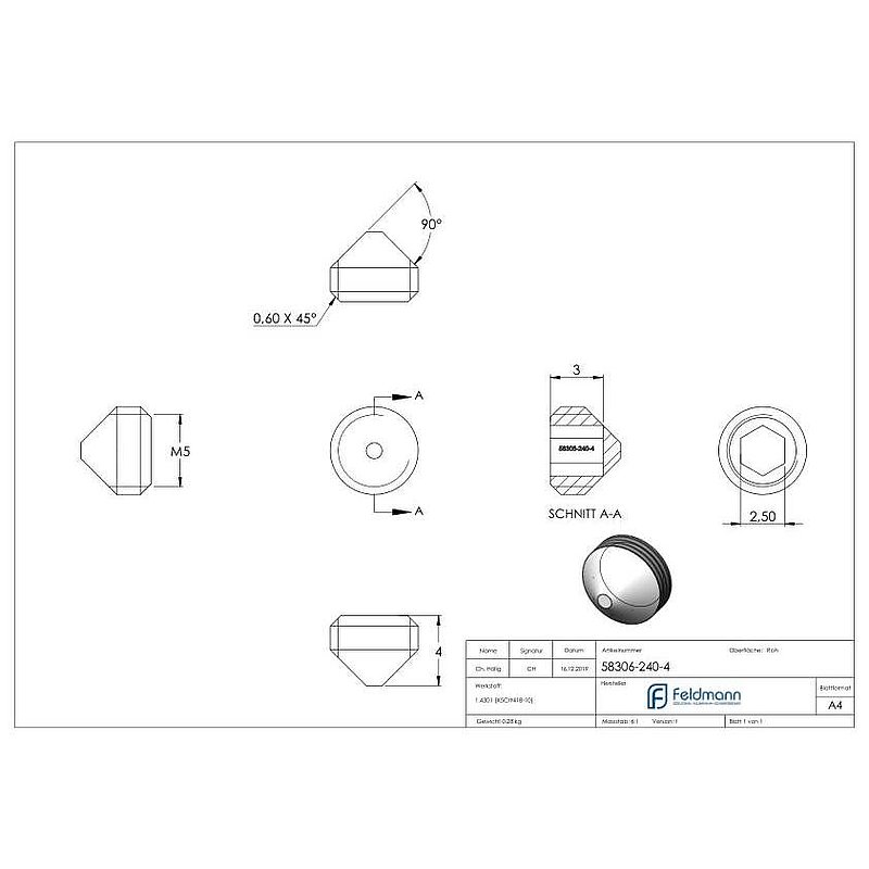Gewindestift M5x4, V2A, DIN 914 / ISO 4027