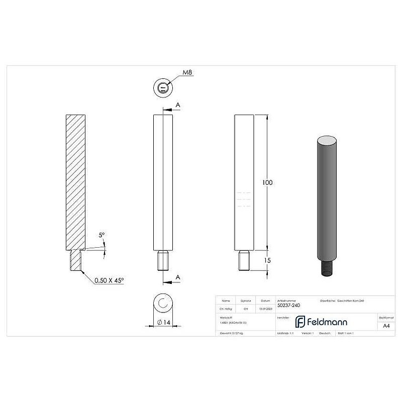 Stift Ø 14mm, L: 100mm, V2A