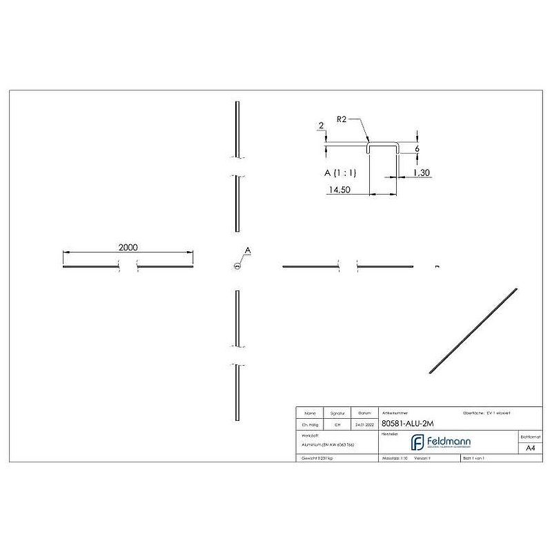 Kantenschutz EXTRA SLIM, für Glas 12,00 - 13,52mm, L: 2000mm, Aluminium E4/EV1