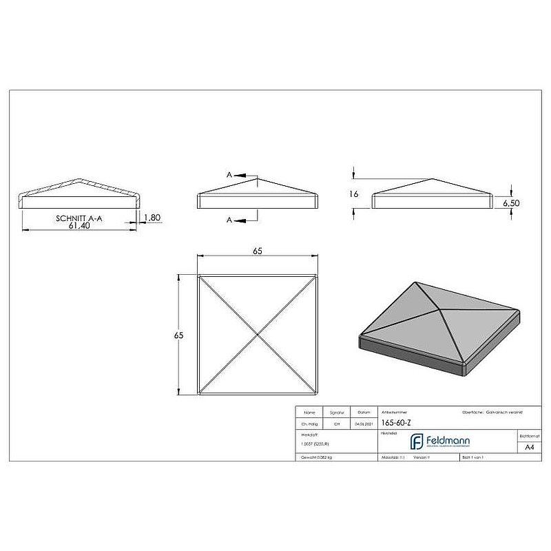 Pillar cover for tube 60x60mm, galvanised