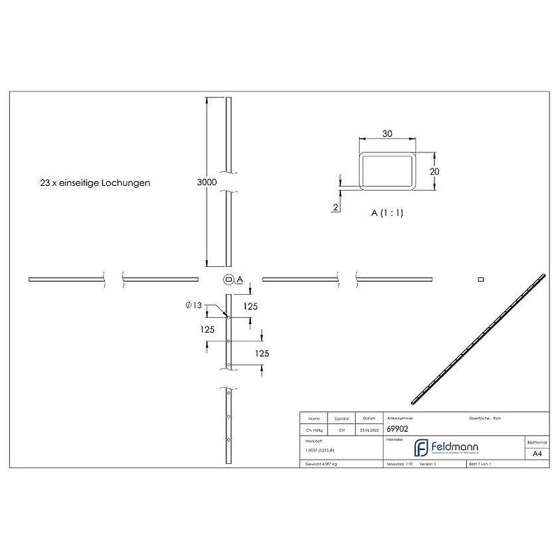 Rechteckrohr 30x20x2mm, gelocht, L: 3000mm