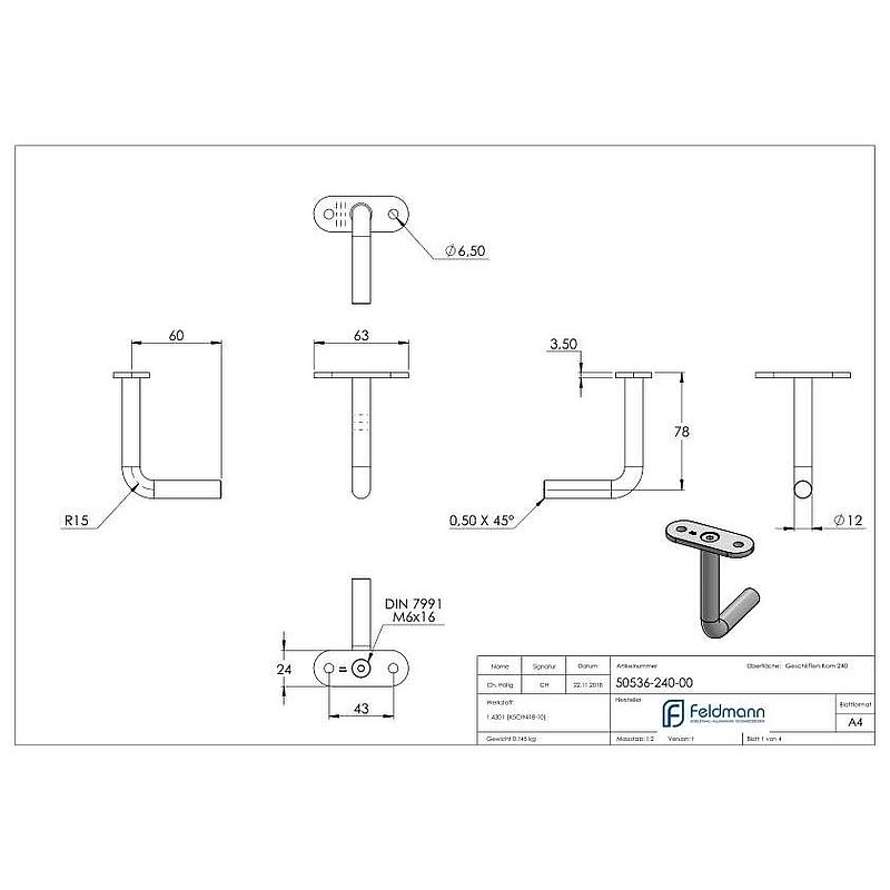 Bügel Ø 12mm mit gerader Handlaufanschlussplatte, V2A