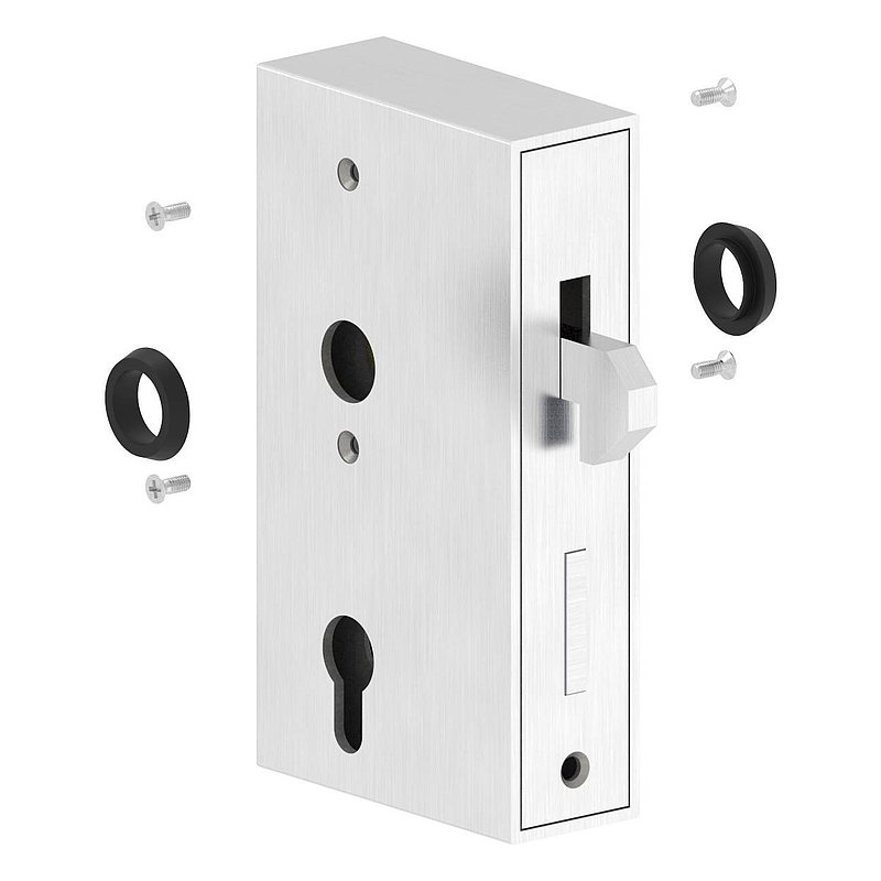 Stainless steel lock case with galvanised lock and hook latch for sliding gates, 40x94.5x173mm