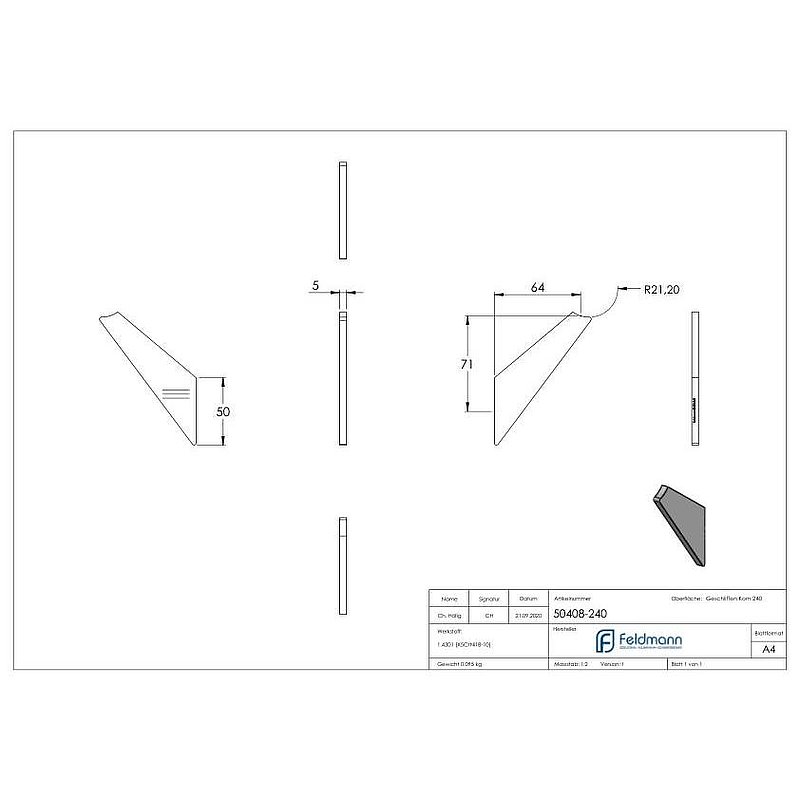 Handrail blade, 5mm thick, AISI304