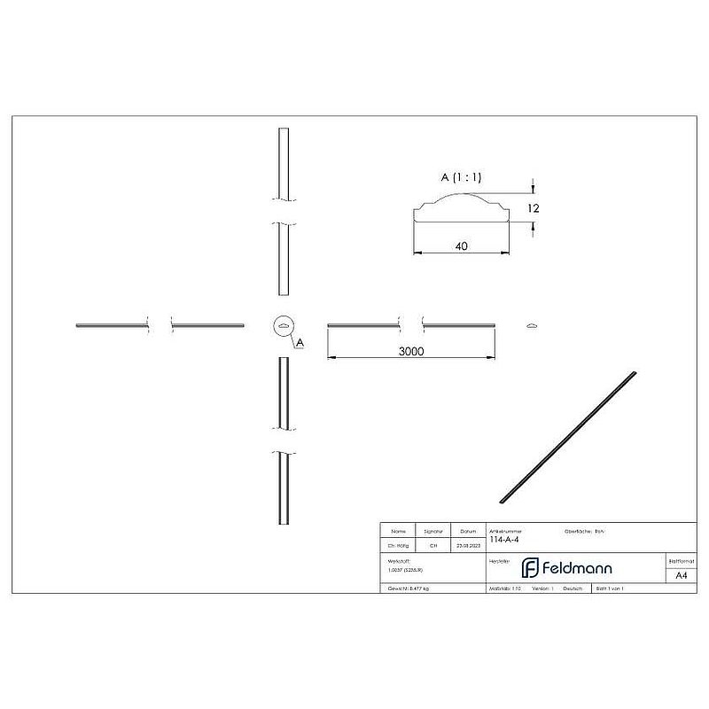 Handlauf S235JR, 40x12mm, L: 3000mm