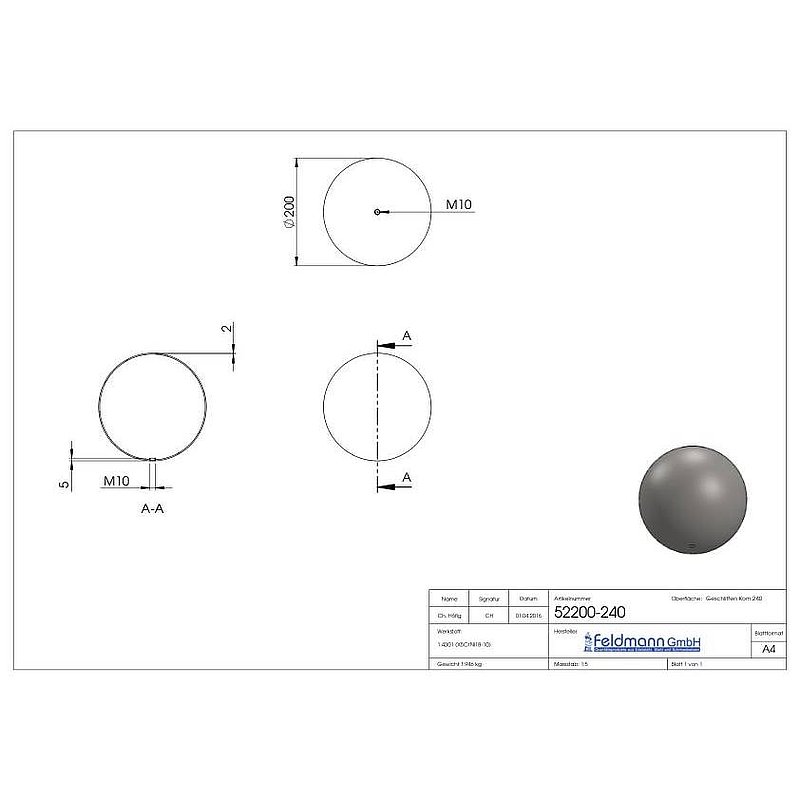 Hollow ball Ø 200mm with M10 thread, AISI304