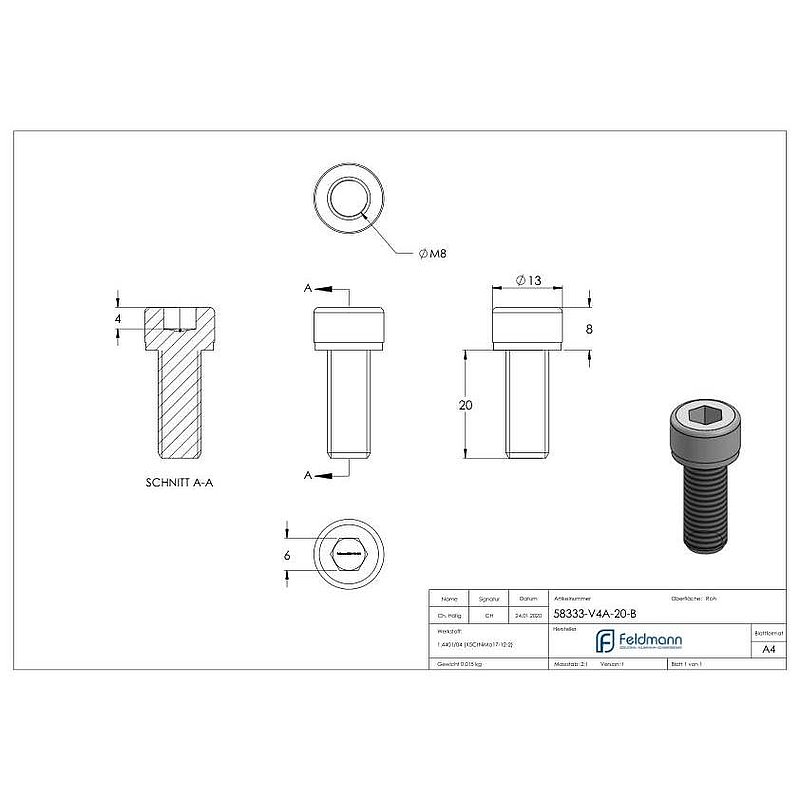 Cylinder head screw M8x20, AISI316, DIN 912