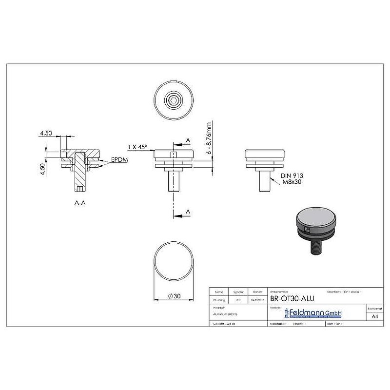 Glaspunkthalter Ø 30mm, passend zu Brenk-Halter, ALU