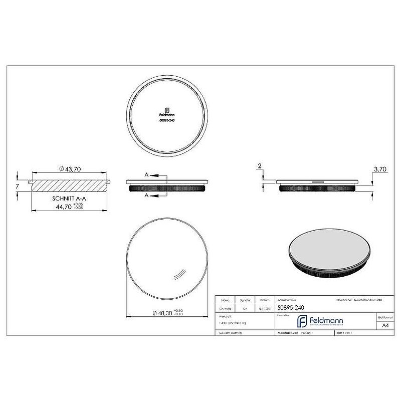 Rohrabschlussstopfen, für Rohr 48,3x2,0mm, V2A