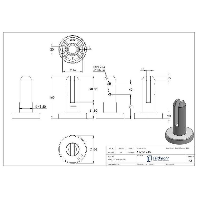 Bodenglashalter rund, für Glas 12 - 12,76mm, V4A
