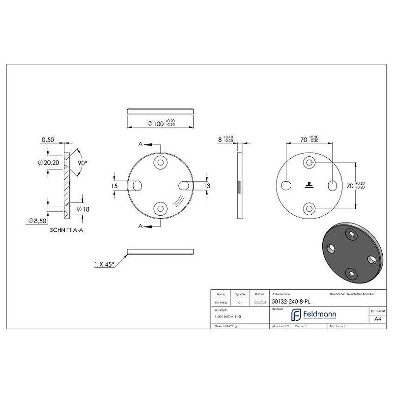 Anchor plate, 100x8mm with chamfer, for spacer sleeve, AISI304