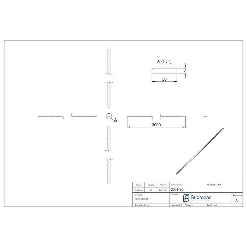 Flacheisen S235JR, 30x6mm, L: 3000mm