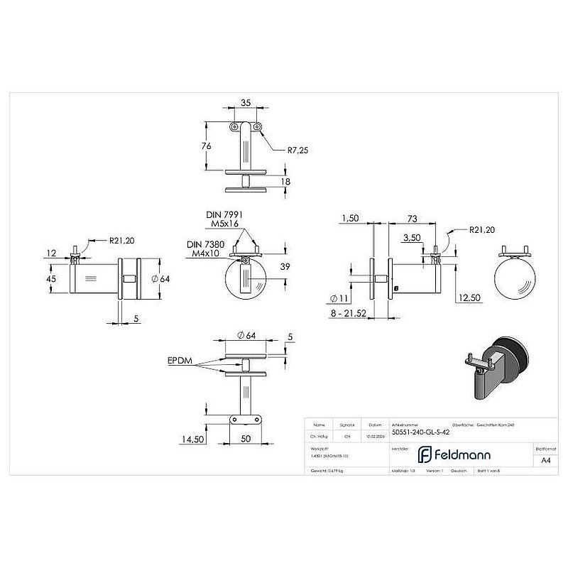 Sensa Design 2, pour tube 42,4mm, pour montage sur verre, avec articulation pour inclinaison, V2A