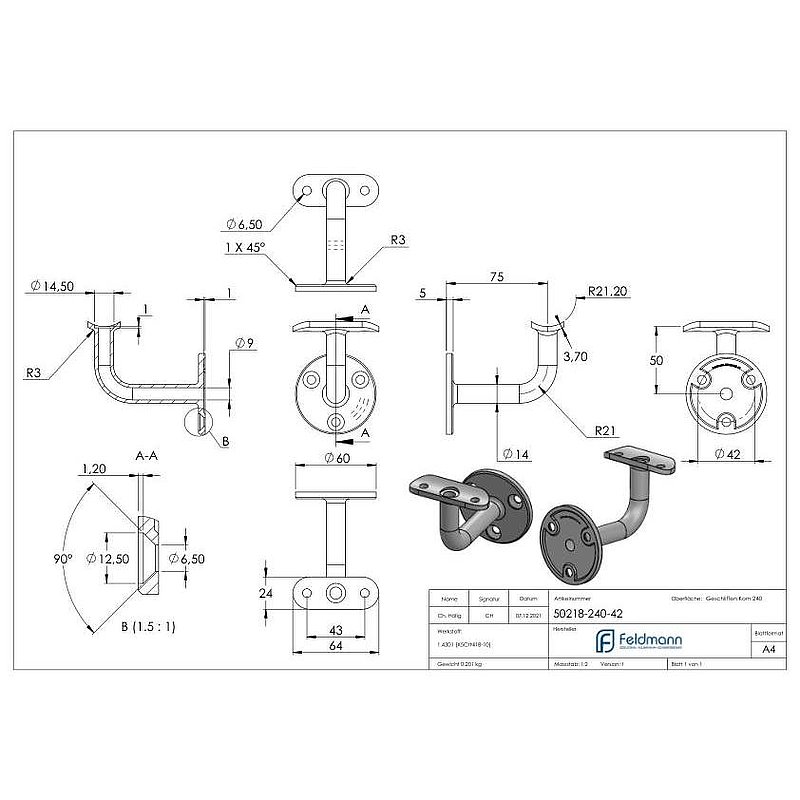 Handrail holder with cable gland for LED handrails, AISI304