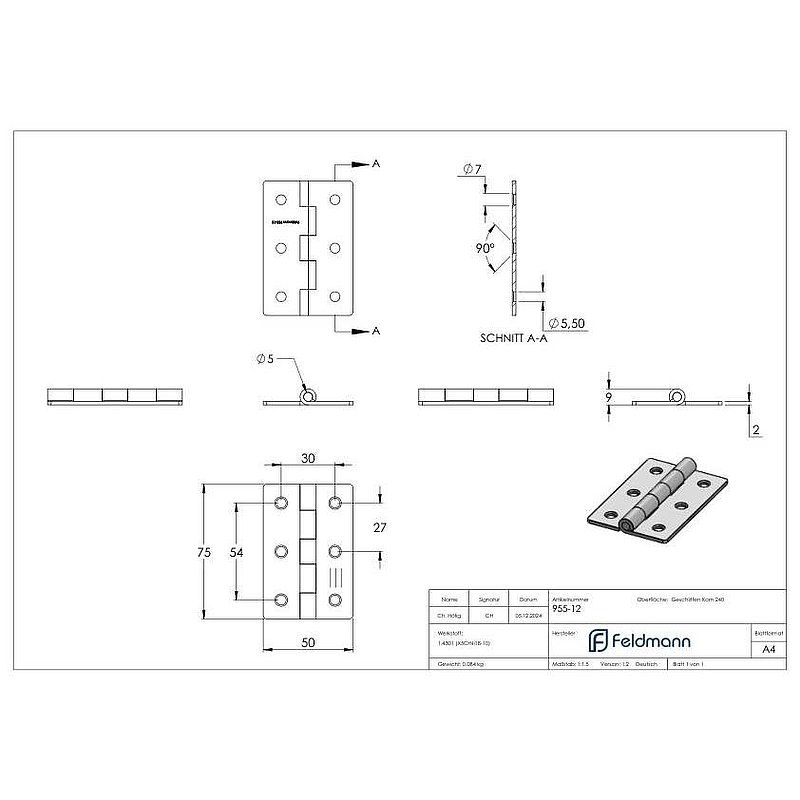 Charnière acier inoxydable 75x50mm avec tige fixe, V2A