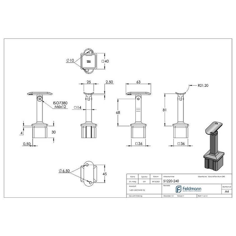 Rohrabschlussstopfen mit Gelenkstift für Rohr 40x40x2mm, V2A