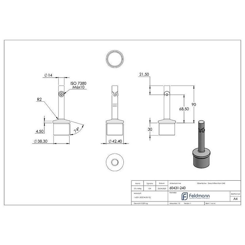 Tube end plug with hinge pin for tube 42.4x2.0mm, AISI304