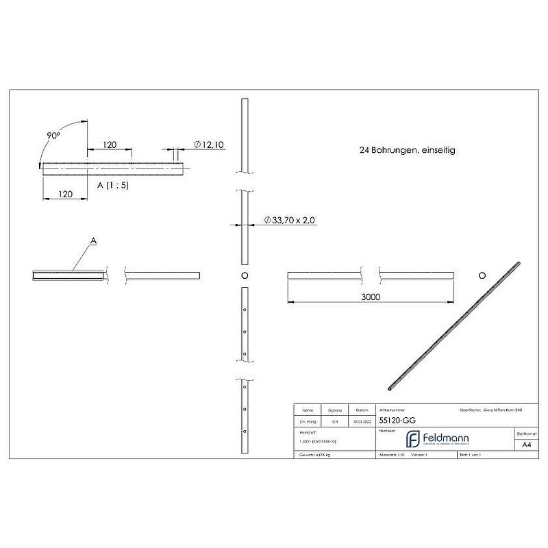 Edelstahlrohr ger. gelocht, 33,7x2,0mm, L: 3000mm, V2A