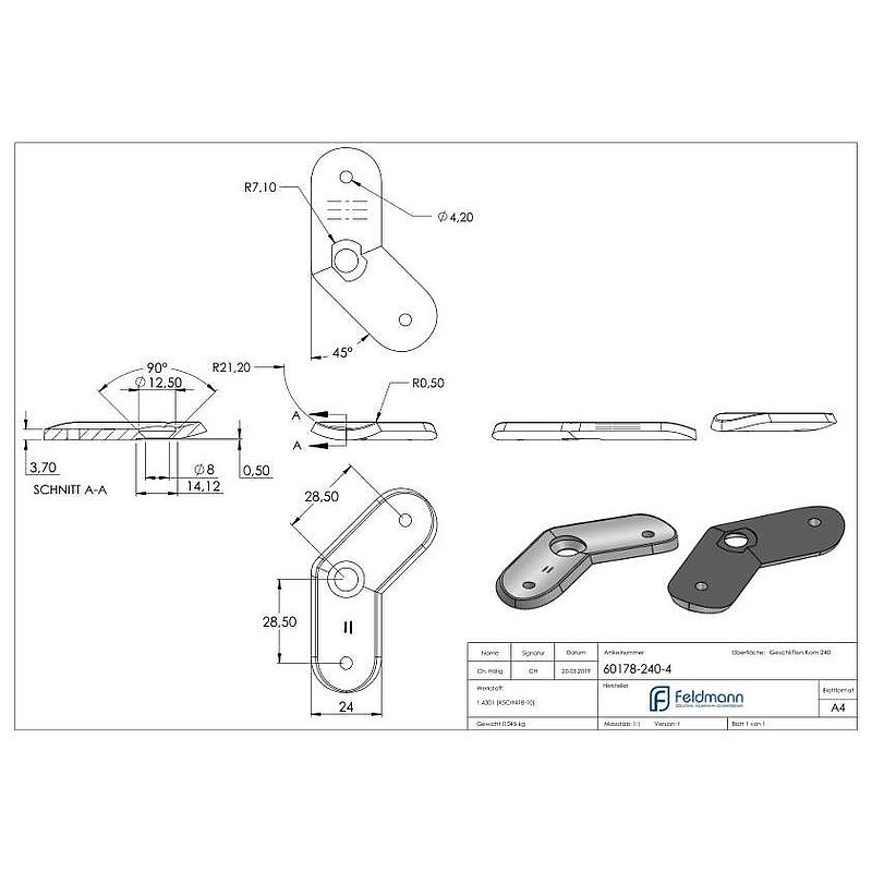 Plaque de raccordement de mains courantes 135° 42,4mm, V2A