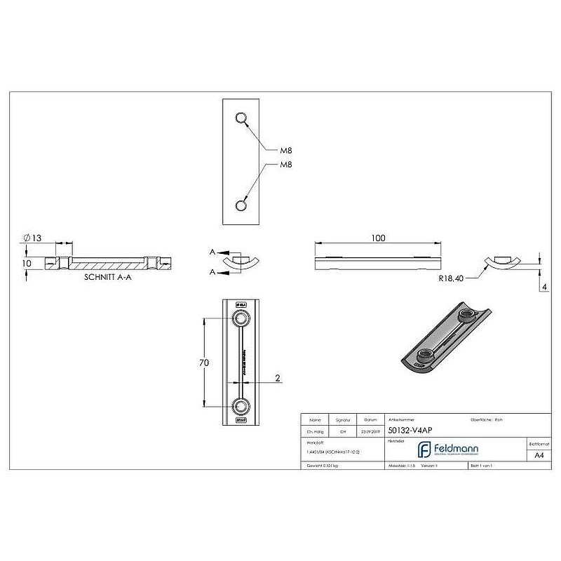 Reinforcement plate for wall mounting 50132-AISI316, AISI316