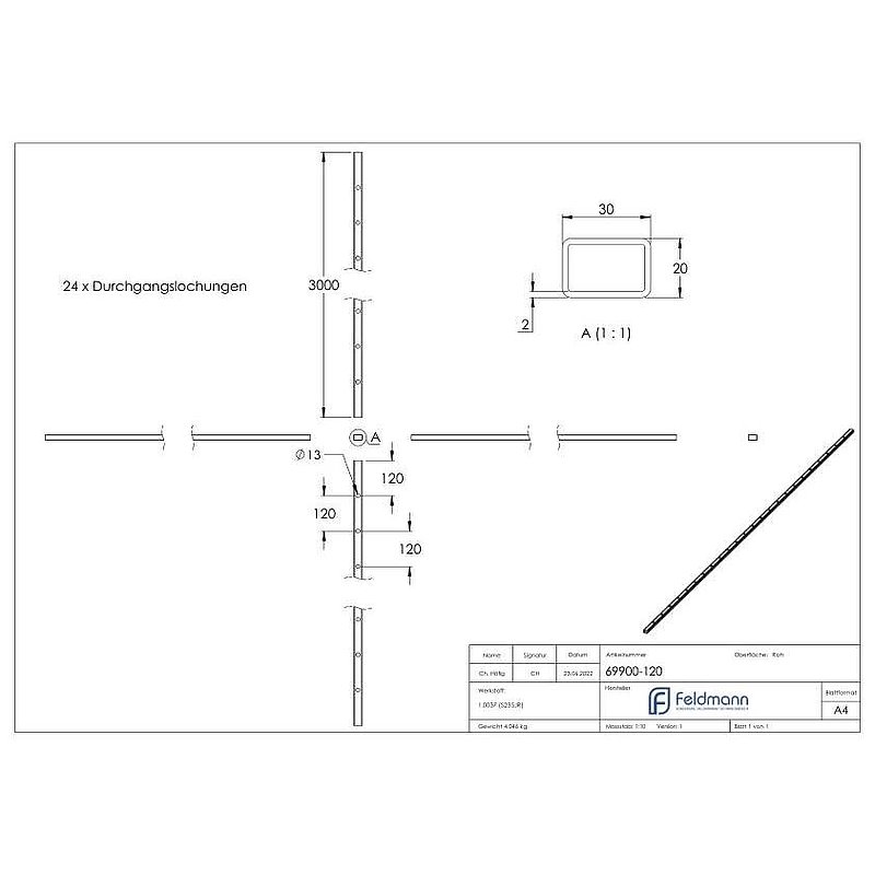 Rechteckrohr 30x20x2mm, Löcher für Ø 12mm mit Abstand Mitte-Mitte 120mm, L: 3000mm