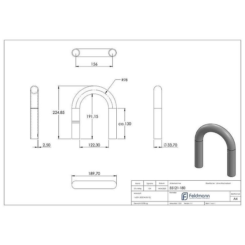 Rohrbogen 180°, aus Rohr 33,7x2,5mm, V2A