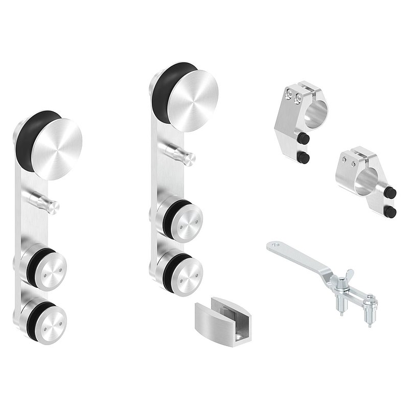 Set mit Einzelrollwägen für Glasschiebetüren, V2A