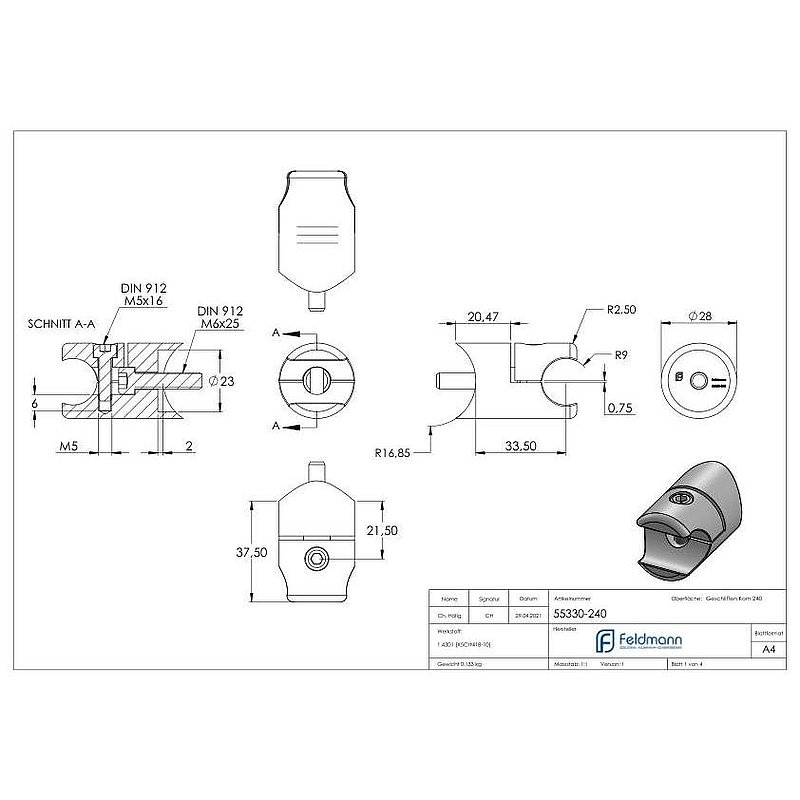 Halter für rundes Klemmprofil 18mm Anschluss: 33,7mm, V2A
