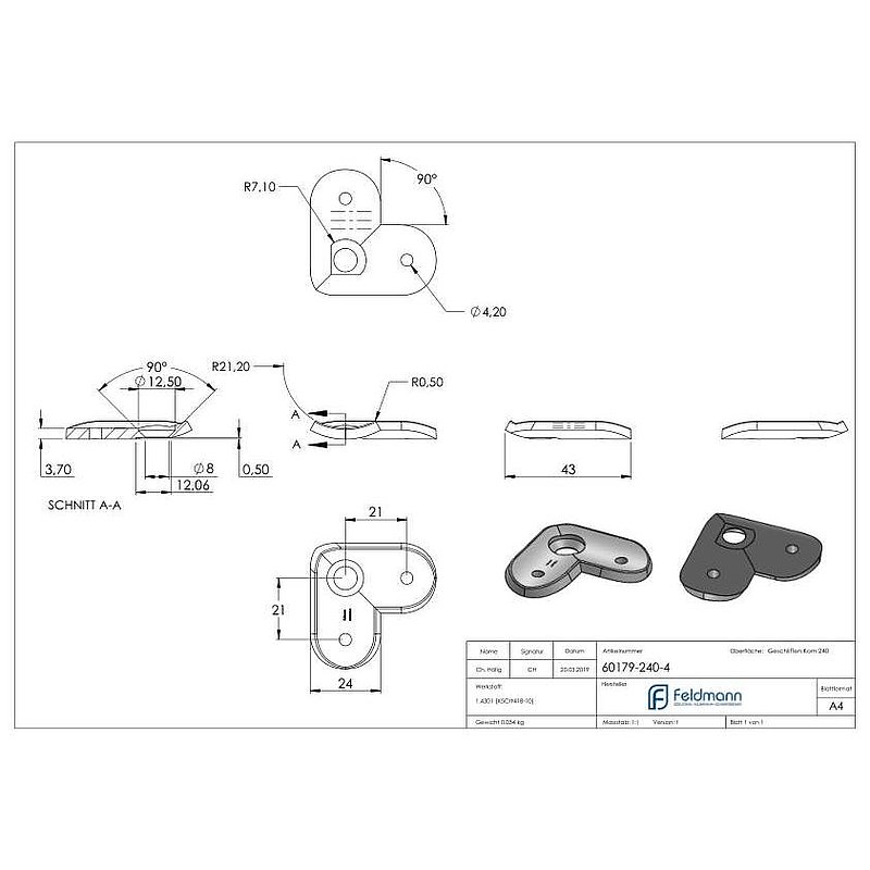 Plaque de raccordement de mains courantes 90° 42,4mm, V2A