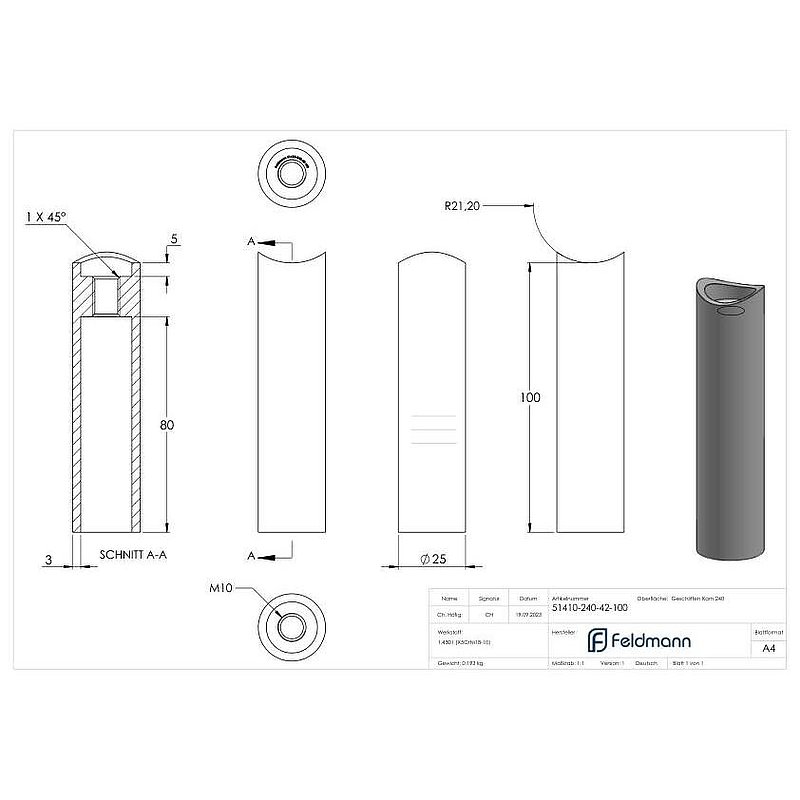 Wandhalter für Rohr 42,4mm, L: 100mm, V2A