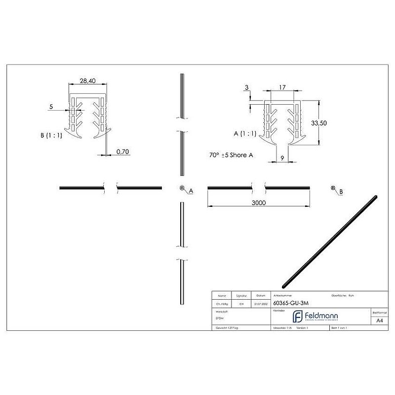 Keildichtung Glas 10,00 – 13,52mm, für Nut 27x30mm, 3m