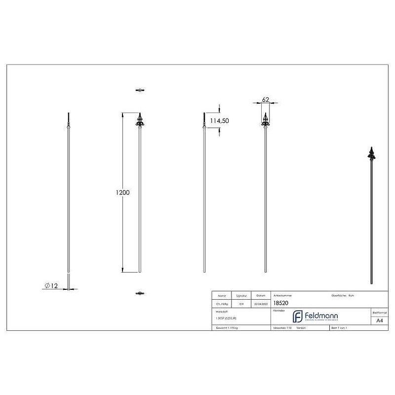 Zaunstab Ø 12mm, H: 1200mm, Spitze 124-1