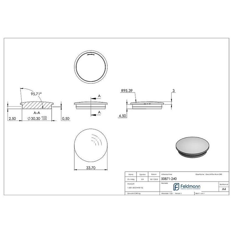 Rohrabschlussstopfen, für Rohr 33,7x2,0mm, V2A