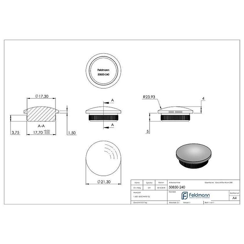 Bouchon pour extrémité de tube, pour tube 21,3x2,0mm, V2A