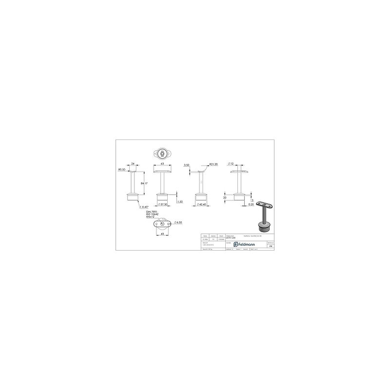 Tube end plug for tube 42.4x2.5mm, handrail connection plate: 42.4mm, AISI304