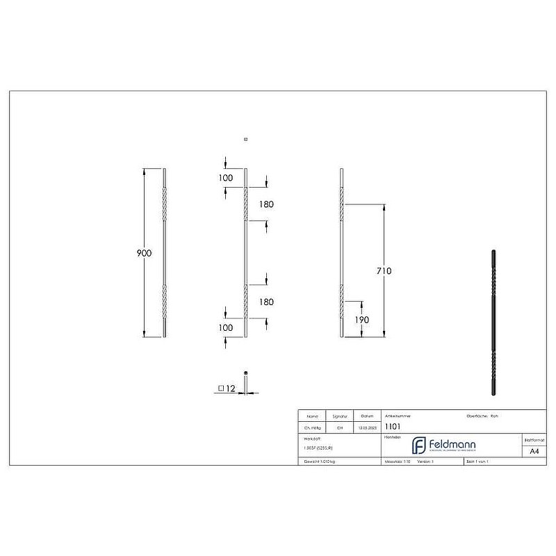 Zwischenstab 12x12mm, glatt, H: 900mm