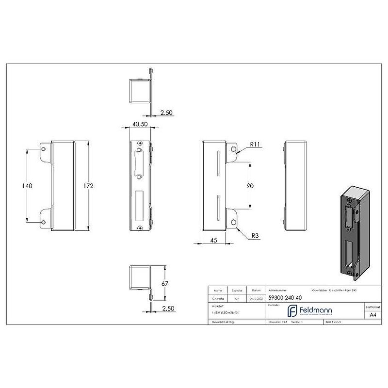 Gâche de serrure rectangulaire, acier inox, avec entraxe 72mm, à souder, 40mm, V2A