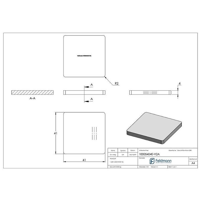 Weld-on plate for tube 40x40, AISI304